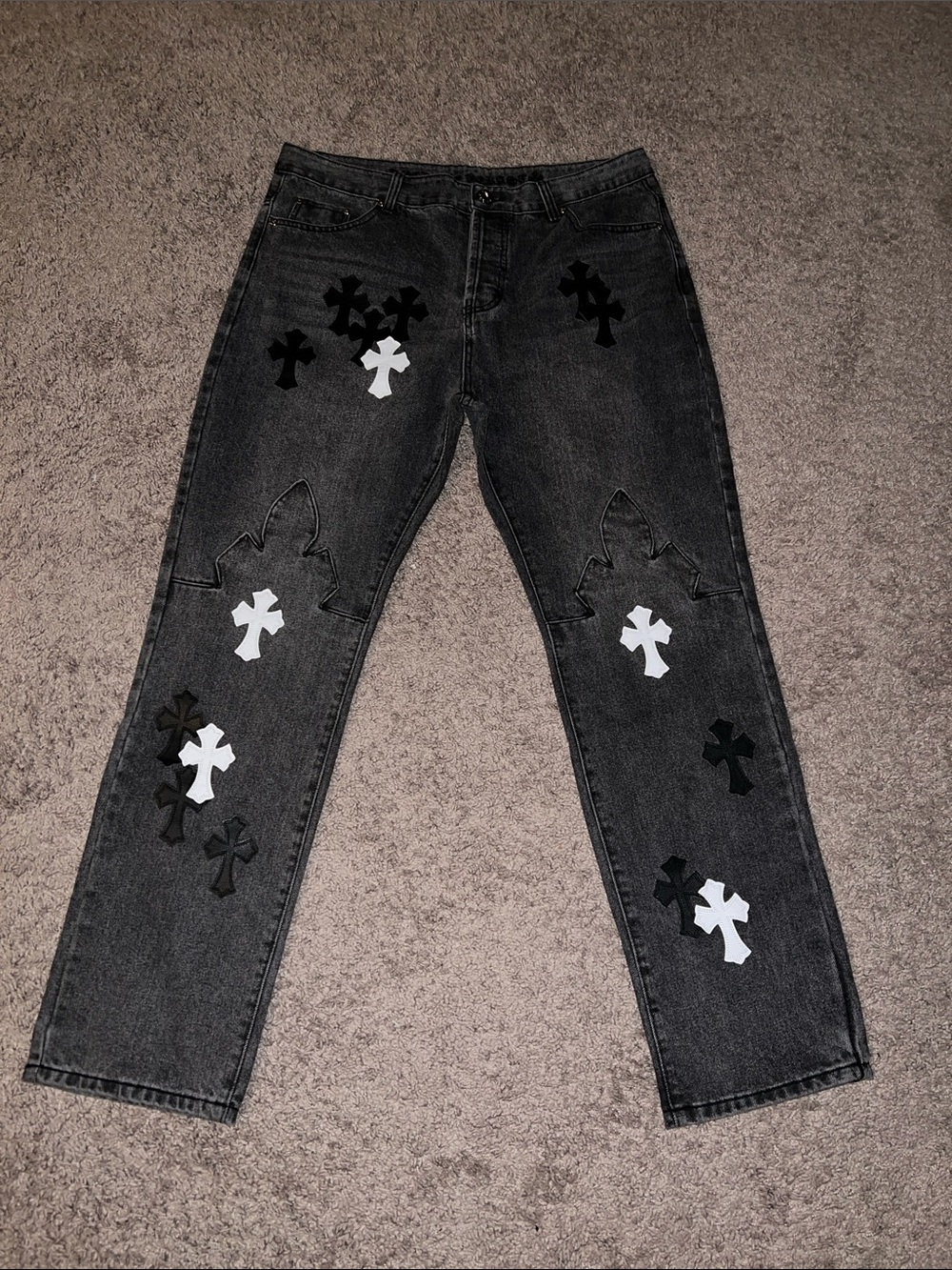 Source Unknown Black Washed Relaxed Jeans with Black & White Cross Patches